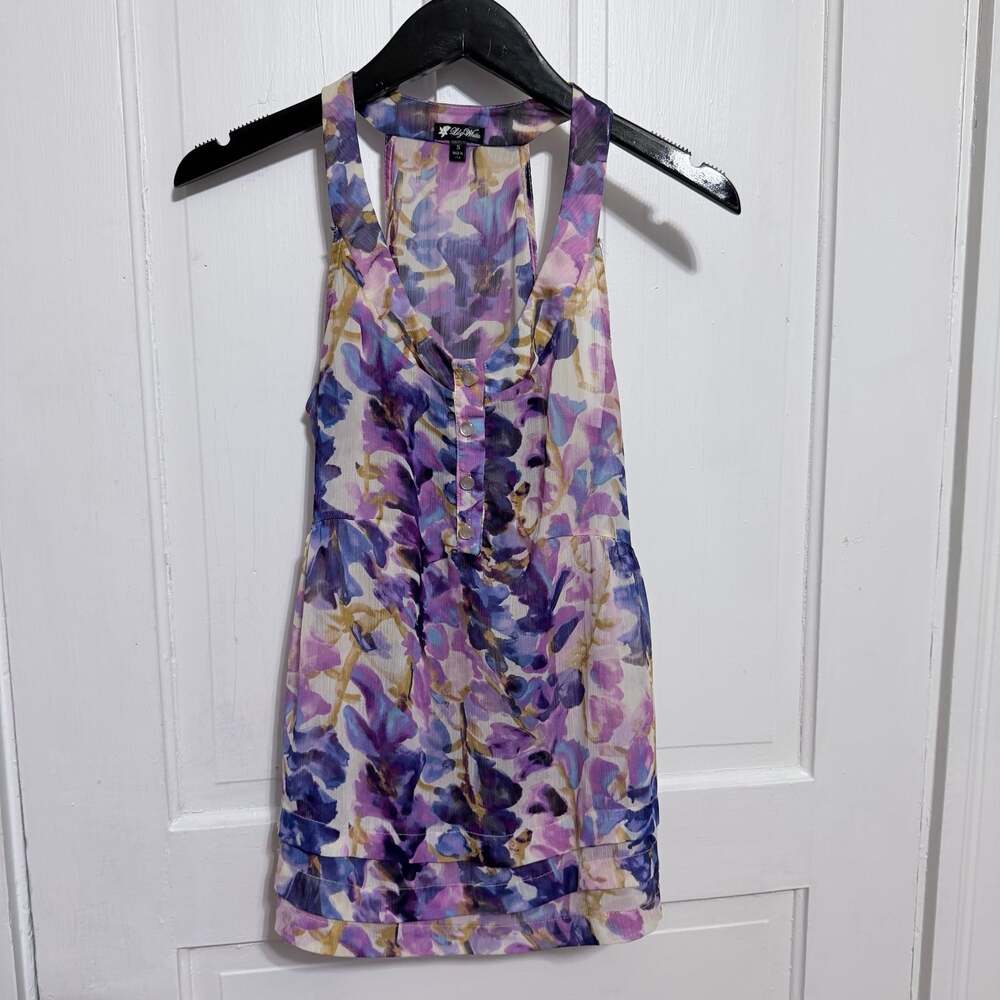 Lily White Purple Watercolor Floral Sheer Chiffon Tank Top Blouse Size S